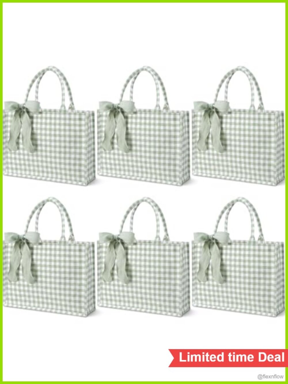 6 Pc Gingham Canvas Tote Bag Set with Ribbon Bridesmaid Gift
